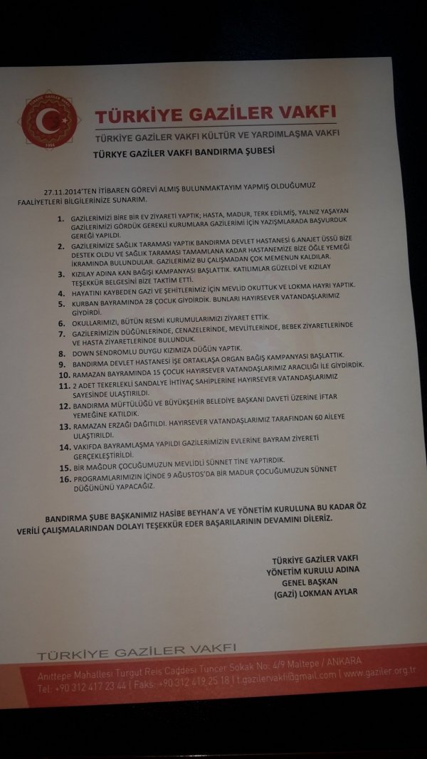 TÜRKIYE GAZILER VAKFI BANDIRMA SUBEMIZIN YILLIK FALIYETLERI