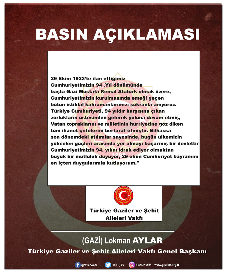 Genel Baskanimiz Gazi Lokman Aylar'in 29 Ekim Mesajidir