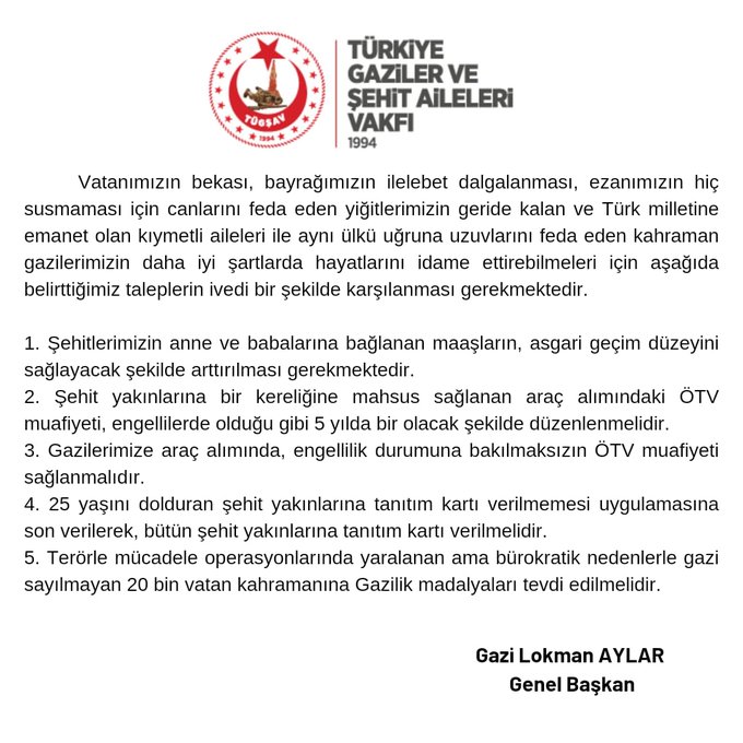 VATAN KAHRAMANLARINA, INSAN ONURUNA YARASIR HAYAT SARTLARI SUNMAK,DEVLETIN ASLI GÖREVIDIR.