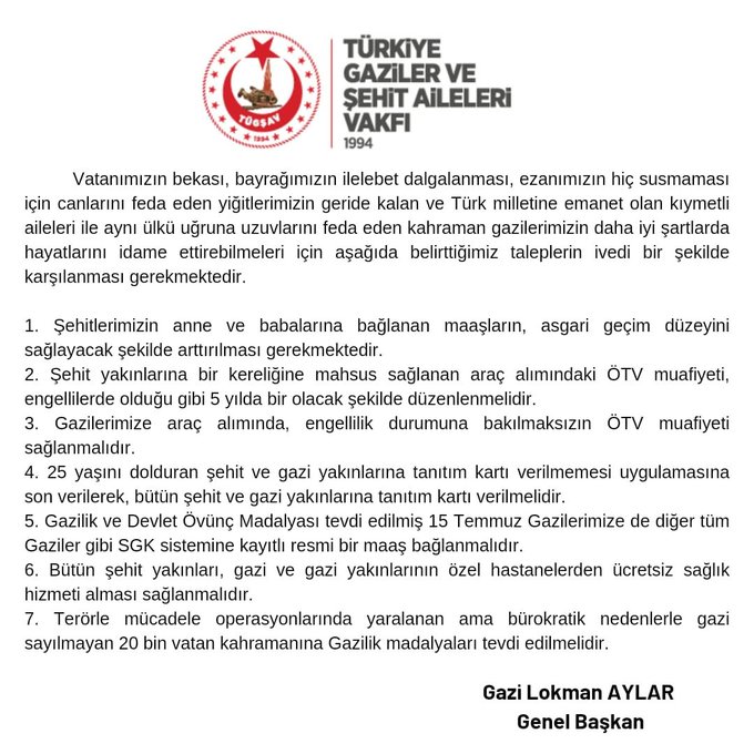 Sehit aileleri ve gazilerimizin taleplerine kayitsiz kalmamak, milli bir görevdir düsturuyla, #Secim2023 öncesi tüm partilerin dikkate almasi gereken seçim talep beyannamemizi yayimliyoruz. 