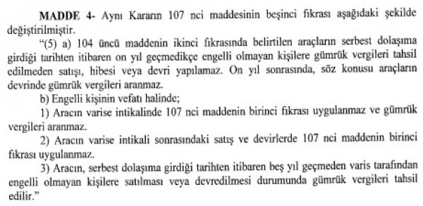 Engellilere, araç satisinda “3 yil” zorunlulugu kalkti