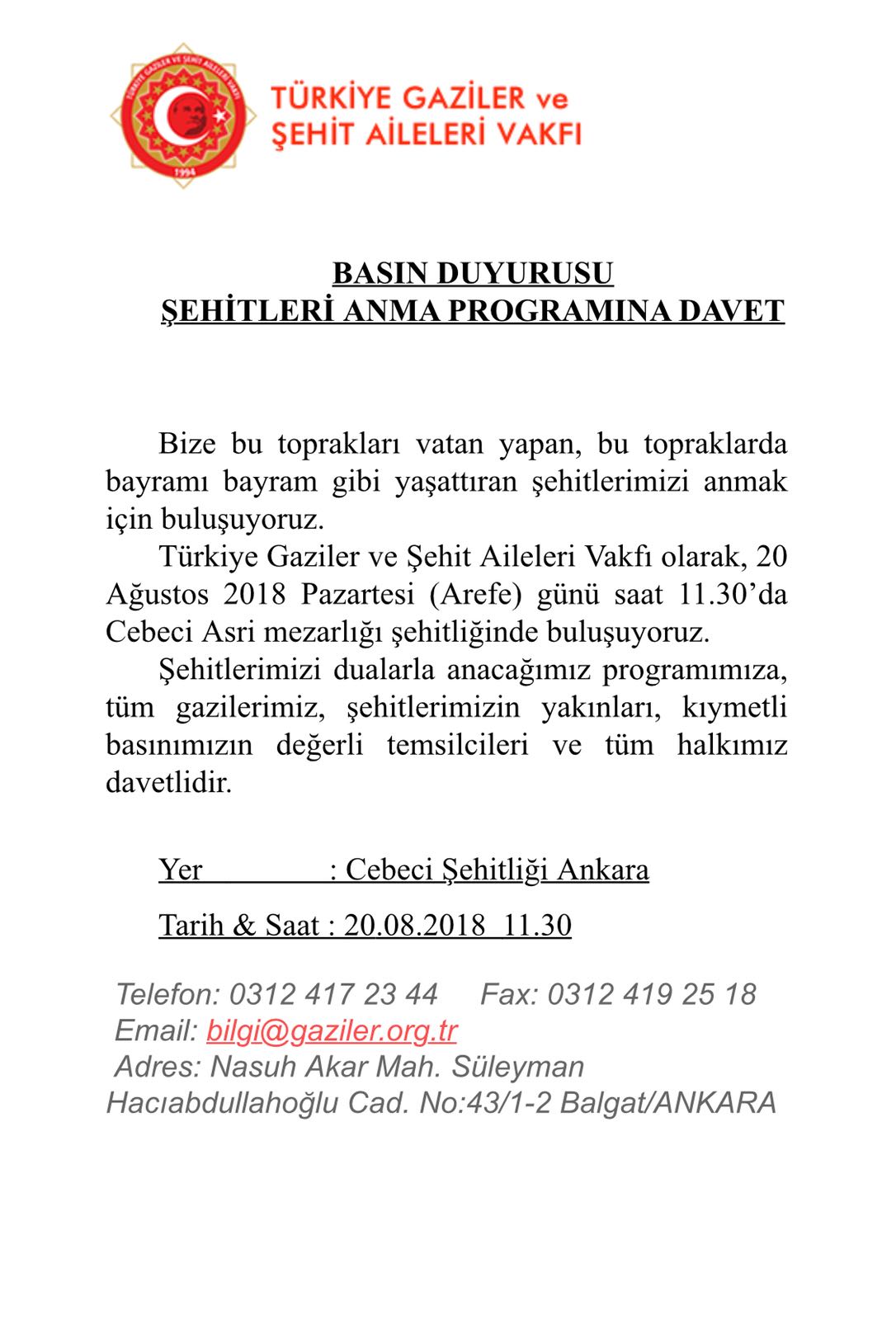 SEHITLERI ANMA PROGRAMINA DAVET