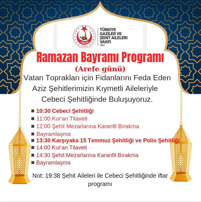 RAMAZAN BAYRAMINI SEHITLIKLERIMIZDE ANACAGIZ VE SEHIT AILELERIMIZIN YANINDA OLACAGIZ.YÜREGI VATAN KOKAN BÜTÜN VATANDASLARIMIZI DAVET EDIYORUZ.